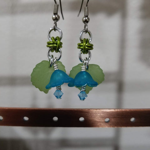 Early Spring Breeze Earrings - Blue Lucite Flower with Dangling Sky Blue Crystal and Lime Green Barrel Chain Maille