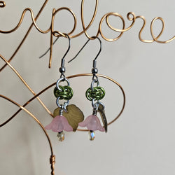 Spring Blossom Radiance Earrings - Pink Lucite Flower with Dangling Yellow Crystal and Lime Green Barrel Chain Maille