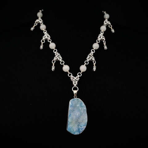 The Ice Queen - Druzy Pendant Necklace with Snow Quartz, Crystals, and Byzantine Chain Maille