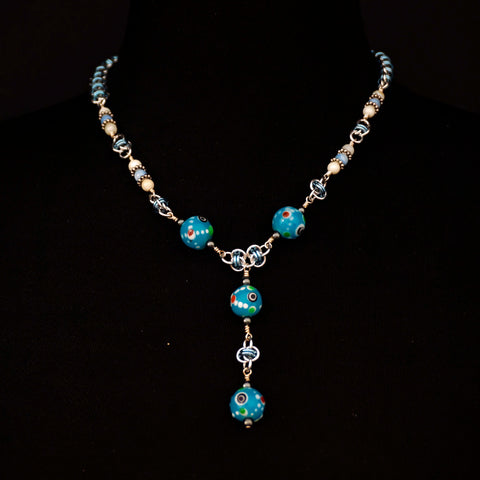 Azure Dreams - Lampwork Glass Necklace with Mother of Pearl Beads and Sky Blue Chain Maille Barrel